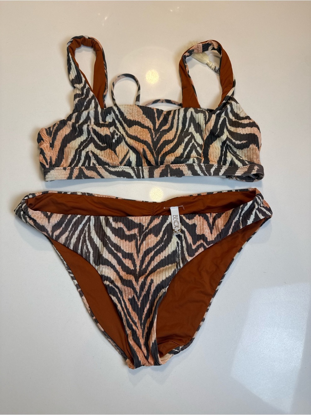BECCA Zebra-Print Bandeau Bikini Set in Rust and Black Size L